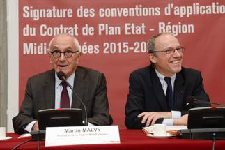 Contrat de plan Etat-Région ; signature par MRS MAILHOS et MALVY (copyright : Lydie Lecarpentier) 