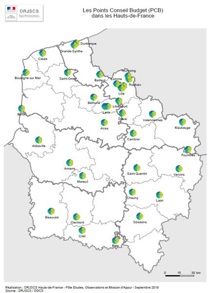 Carte des 35 Points conseil budget (PCB) dans les Hauts-de-France