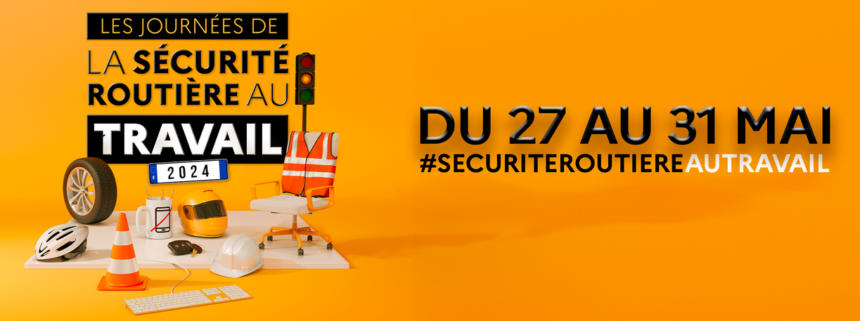 Visuel officiel des journées de la sécurité routières au travail réprésentant divers objets liés à la sécurité routières comme un casque de moto, une roue, un gilet fluorescent, un siège de bureau, etc.
